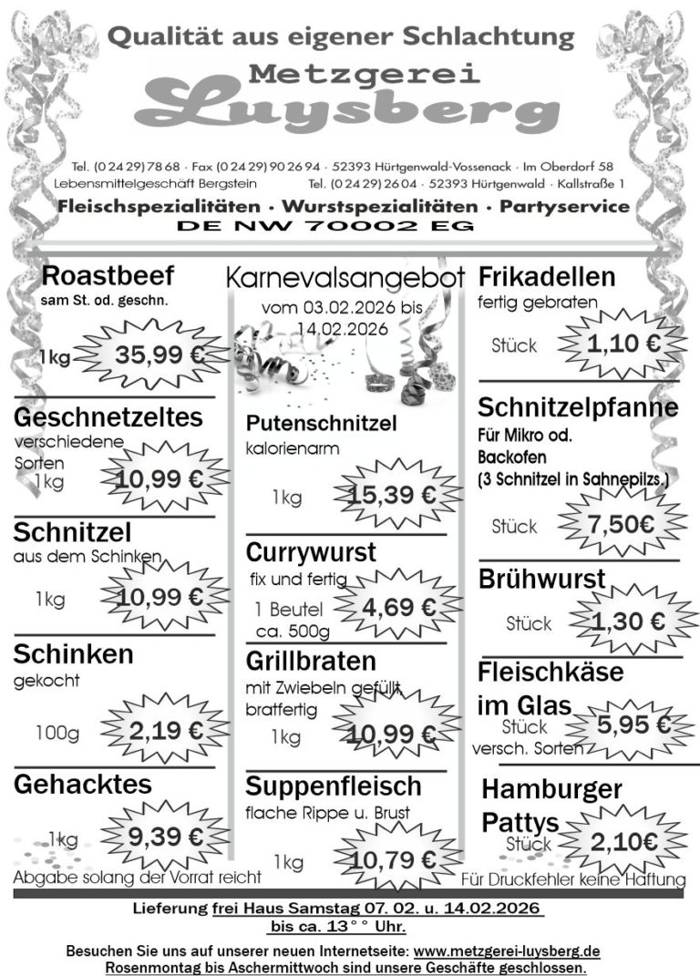 Metzgerei Luysberg - Angebot 2026 Karneval vom 03.02. 14.02.2026