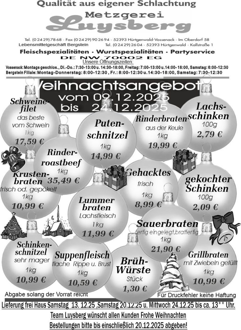 Metzgerei Luysberg - Angebot Weihnachten 2025 vom 09.12. 24.12.2025